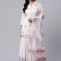 Divena Floral Embroidered Pure Cotton Kurti with Sharara & With Dupatta-image-11