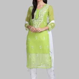 KHAKA Ethnic Motifs Embroidered Regular Chikankari Straight Kurta with Trousers & Dupatta-picture-19
