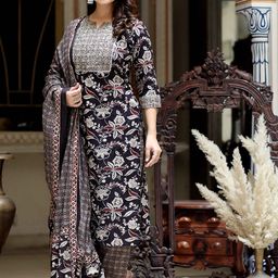 MIRAVAN Floral Printed Thread Work Pure Cotton Stright Kurta With Palazzos & Dupatta-picture-18