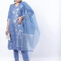 KETCH Women Blue Ethnic Motifs Printed Straight Kurta With Trousers & With Dupatta-5