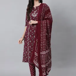 ishin Anubhutee Women Maroon Ethnic Motifs Thread Work Pure Cotton Kurta with Trousers & With Dupatta-picture-44