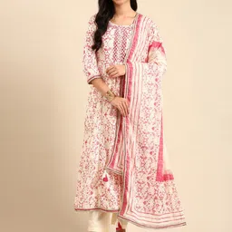 SHOWOFF Floral Printed Panelled Mirror Work Block Print Kurta with Trousers & Dupatta-7