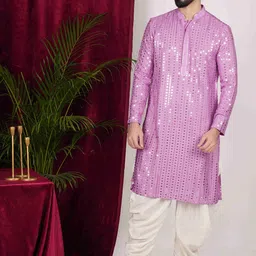 sven suits Floral Embroidered Mandarin Collar Mirror Work Dupion Silk Kurta with Trouser-picture-50