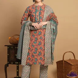 KALINI Floral Printed Regular Pure Cotton Kurta with Trousers & Dupatta-11