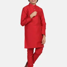 TAHVO Boys Band Collar Regular Dupion Silk Kurta With Churidar-37