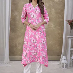 Sangria Pink Floral Printed V Neck A-Line Kurta With Trouser-image-28