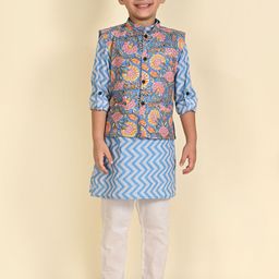LIL PITAARA Boys Chevron Printed Pure Cotton Regular Kurta & Pyjamas With Nehru Jacket-12