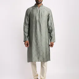 Streaks & Crosses Ethnic Motifs Embroidered Mandarin Collar Straight Kurta Set-picture-4
