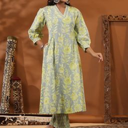 FASHOR Floral Printed A-Line Pure Cotton Kurta with Trousers-53