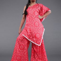 Aks Kids Girls Bandhani Printed One Shoulder A-Line Kurta With Palazzos-15
