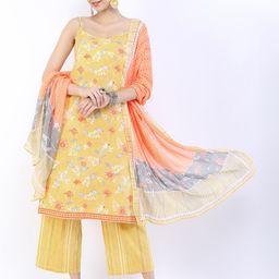 Vishudh Women Yellow Floral Printed Pure Cotton Kurta with Palazzos & With Dupatta-picture-19