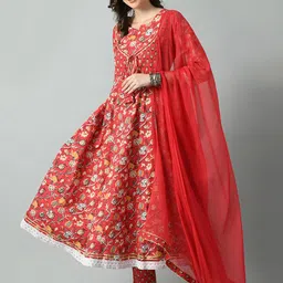 VIDHANI Red Floral Printed Notch Neck Gotta Patti Anarkali Kurta With Trousers & Dupatta-picture-37