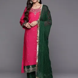 Varanga Ethnic Motifs Embroidered Straight Kurta & Trousers With Dupatta-image-78