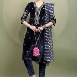 Vishudh Women Embroidered Knitted Velvet Kurta with Trousers & With Dupatta-picture-56