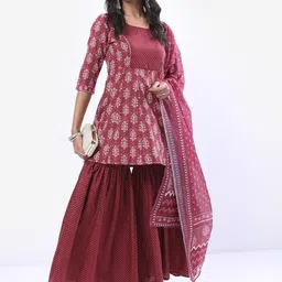 Vishudh Maroon & White Ethnic Motifs Printed A-Line Kurta With Sharara & Dupatta-14