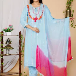 MIRAVAN Women Blue Embroidered Pure Cotton Kurta with Trousers & With Dupatta-image-76