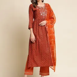 Ishin Red Floral Embroidered Regular Pure Cotton Kurta with Trousers & Dupatta-image-22