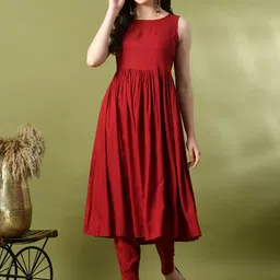 VIDHANI Round Neck Regular A-Line Kurta With Trousers-image-1