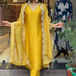 KALINI Bandhani Embroidered Regular Sequinned Kurta With Trouser & Dupatta-3