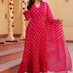 Thread & Button Leheriya Printed Anarkali Kurta with Churidar & Dupatta-image-75
