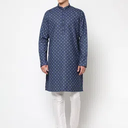 LAGAAV Men Blue Printed Pure Cotton Kurta with White Trousers-picture-24