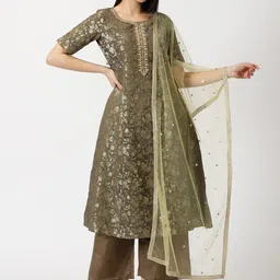 Saffron Threads Floral Woven Design Zari Jacquard A-Line Kurta With Palazzos & Dupatta-21