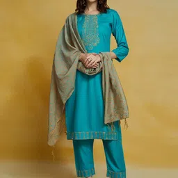 KALINI Ethnic Motifs Embroidered Thread Work Kurta With Trousers & Dupatta-picture-4