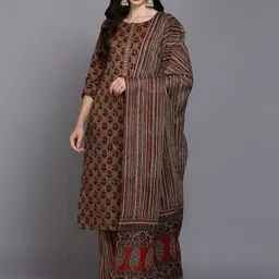 AHIKA Brown Floral Printed Zari & Sequined Pure Cotton Kurta with Trousers & Dupatta-picture-4