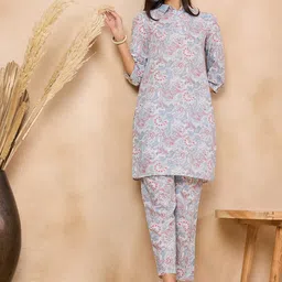 Anouk Blue Floral Printed Shirt Collar Regular Pure Cotton Kurta with Trousers-image-56