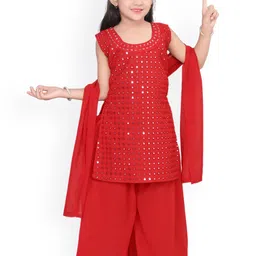 BAESD Girls Embroidered Regular Mirror Work A-Line Kurti with Palazzos & Dupatta-9