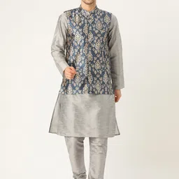 SOJANYA Ethnic Motif Printed Mandarin Collar Kurta With Churidar & Nehru Jacket-16
