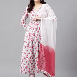 KALINI Floral Printed Regular Thread Work Pure Cotton Kurta with Trousers & Dupatta-picture-33