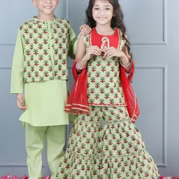 AWW HUNNIE Girls Ethnic Motifs Printed Pure Cotton Kurti With Sharara & Dupatta-image-95