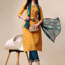 KALINI Woven Design Mirror Work Straight Kurta with Trousers Ombre Ombre Dupatta Set-picture-24