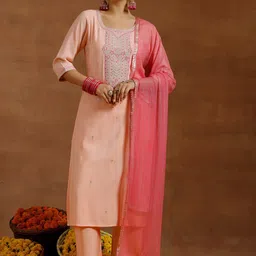 Gerua By Libas Floral Yoke Design Regular Sequinned Straight Kurta With Trousers & Dupatta-1