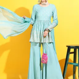 Vishudh Women Turquoise Blue Floral Kurta with Palazzo and Dupatta-image-43
