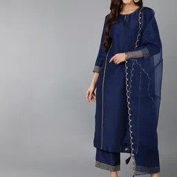 AHIKA Navy Blue Striped Thread Work Detailed Straight Kurta & Trouser With Dupatta-picture-53