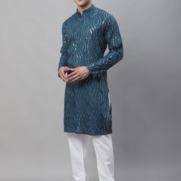 SOJANYA Ethnic Motifs Embroidered Sequinned Pure Cotton Kurta with Churidar-image-99