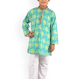 kidcetra Boys Paisley Printed Mandarin Collar Mirror Work Pure Cotton Kurta Set-14