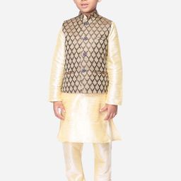 NAMASKAR Boys Regular Dupion Silk Straight Kurta With Pyjamas & Nehru Jacket-picture-5