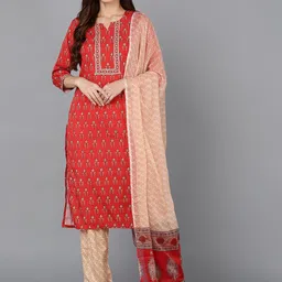 AHIKA Ethnic Motifs Printed Notched Neck Kurta with Trousers & Dupatta-picture-17