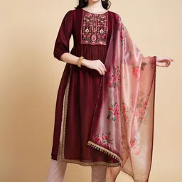 MOJILAA Floral Embroidered Empire Beads And Stones Kurta With Trousers & Dupatta-picture-17