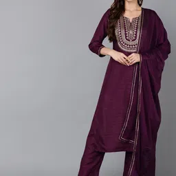 AHIKA Ethnic Motifs Yoke Design Embroidered Kurta With Trousers & Dupatta-15
