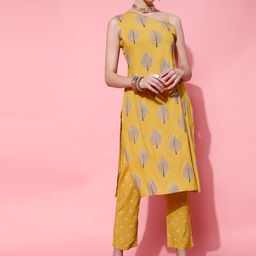 STREET 9 Women Mustard Yellow Striped Kurti with Trousers-picture-32