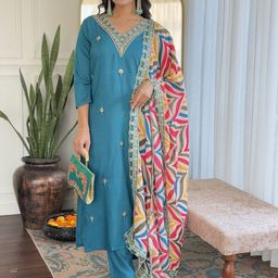 BAESD Ethnic Motifs Embroidered Sequinned V-Neck Straight Kurti With Trousers & Dupatta-image-96