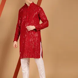 SOJANYA Ethnic Motifs Embroidered Sequined Pure Cotton Kurta with Pyjamas-image-80