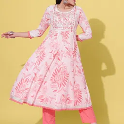 JAIPUR PRIME Floral Printed Thread Work A-Line Kurta with Trousers & With Dupatta-20