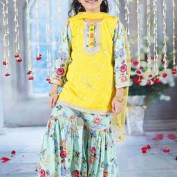 Little Bansi Girls Floral Embroidered Pure Cotton A-Line Kurta With Sharara & Dupatta-picture-25