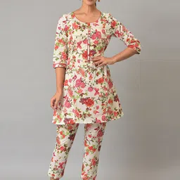AURELIA Floral Printed Sequinned A-Line Kurti with Trousers-image-61