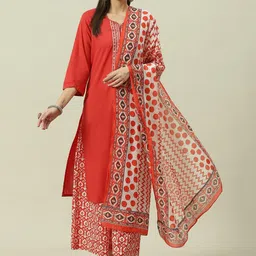 Biba Geometric Printed Pure Cotton Straight Kurta with Palazzos & Dupatta-picture-40